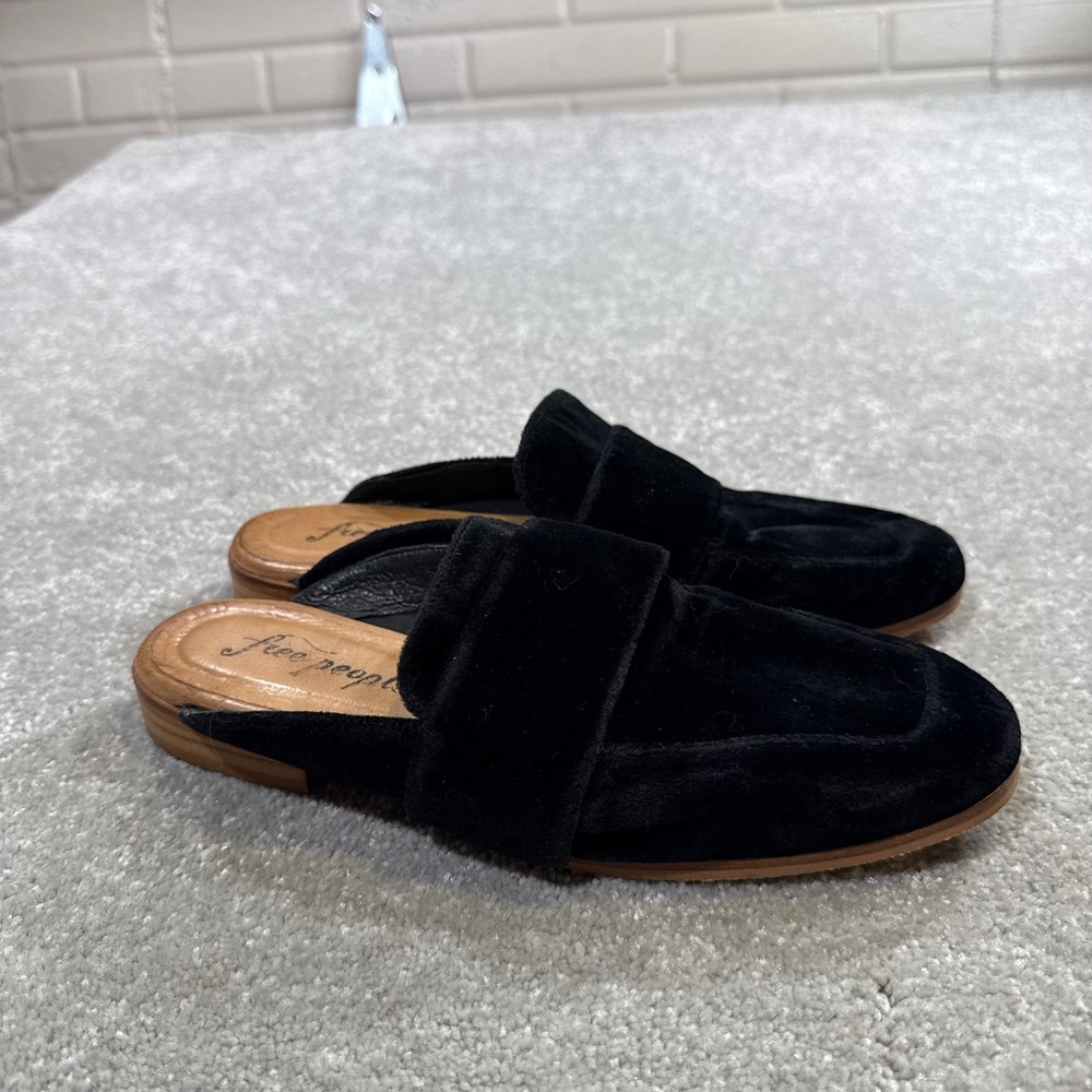 Free People At Ease Velvet Mules Leather Loafer Square Toe Slides Black 38 Spain